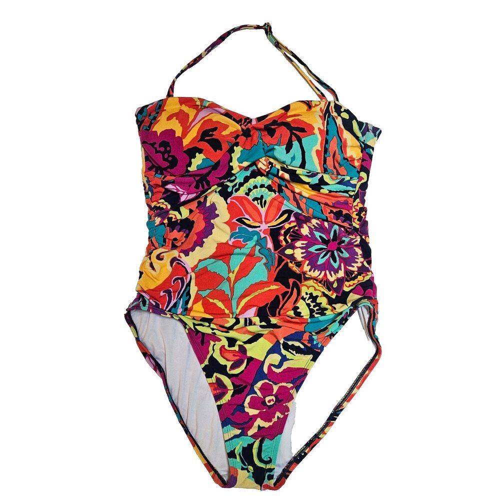 Tahari 1 Piece Swimsuit Women Sz M Ruched Colorful Tropical Floral Padded